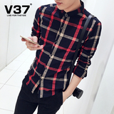 V37春季新款男士格子长袖衬衫韩版潮流男装休闲衬衣青年修身寸衫