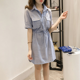 2016韩版夏季新款时尚宽松条纹收腰系带短袖衬衫百褶裙子女潮