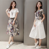 香港风代购SZ ON ME韩国复古印花修身气质系带二件套棉麻连衣裙
