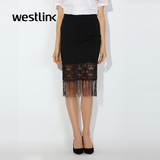 Westlink/西遇2016春季新款 蕾丝流苏下摆中长款一步铅笔半身裙
