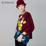 Zopin作品大码女装 文艺衣服印花T恤宽松短款深红打底上衣女