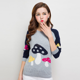 2015秋冬新款蘑菇图案100%纯山羊绒衫女士圆领修身打底衫套头毛衣