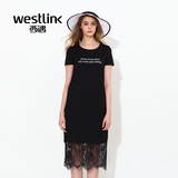 Westlink/西遇2016夏季新款 蕾丝拼接字母印花中长款针织女连衣裙