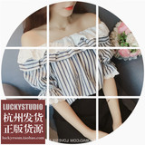 6度2016夏装韩版新款甜美蕾丝拼接宽松条纹一字领衬衫上衣女E5511