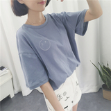 2016夏装新款韩版学院风宽松刺绣表情半截袖 学生短袖T恤女体恤衫