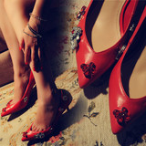 韩国代购真皮尖头高跟鞋气质小矮跟低跟单鞋女大红色水钻孕妇婚鞋