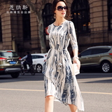 2016女装真丝连衣裙欧美街头中袖连衣裙系带抽象图案印花夏季长裙