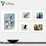【5幅整套】抽象油画水彩鸟餐厅客厅现代装饰画 挂画有框画背景墙