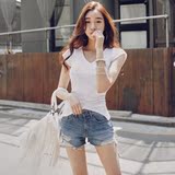 韩国进口正品女装代购2016夏新款韩版修身紧身纯色V领休闲短袖T恤
