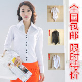韩版女士职业白衬衣修身V领连体衬衫长袖打底衫工装工作服OL女装