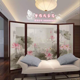 新中式手绘屏风酒店别墅屏风单个折屏真丝透明屏风实木屏风定制