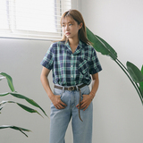 韩国Stylenanda代购正品绿色格子衬衫女短袖宽松夏季外套薄款休闲