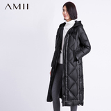 Amii女装旗舰店艾米冬新款撞色织带拼接修身长款大码连帽羽绒服