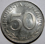 玻利维亚硬币1974年50分(错币.背漏印)径;24mm流通品