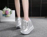 15秋新款韩版超高跟11CM内增高女鞋坡跟厚底运动单鞋银色潮松糕鞋