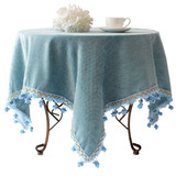 蓝色地中海欧式高档棉麻田园风格圆形台布圆桌桌布餐桌布布艺茶几