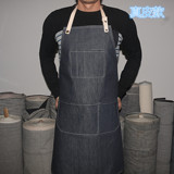 韩版时尚牛仔围裙工作服真皮绘画西餐厅咖啡师烫印定制LOGO包邮