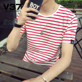 V37夏季男士短袖t恤男韩版修身潮流学生半截袖青少年横条纹T桖血