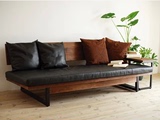 美式复古实木沙发椅 实木三人沙发 美式做旧铁艺软皮沙发组合椅子