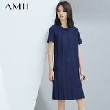Amii旗舰店2016夏新品运动风琴压褶贴袋短袖大码女装中长款连衣裙