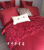 欧式高档水洗真丝立体玫瑰拼接款全棉美式婚庆床上用品四件套大红