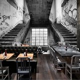 复古怀旧 欧式 大型壁画黑白涂鸦3d立体楼梯墙纸咖啡餐厅背景壁纸