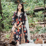 2016夏季新款韩版波西米亚公主风碎花连衣裙 度假森女系雪纺长裙