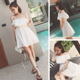 小美2016夏季新款韩版时尚一字肩抹胸超仙荷叶蕾丝白色连衣裙 女