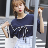 夏季新款韩国学院风系带蝴蝶结短袖T恤女圆领海军风宽松百搭上衣