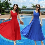 韩2016新款连衣裙夏季长裙V领雪纺修身女装波西米亚沙滩仙女裙子