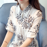 2016秋装新款女装 文艺复古女士中长款上衣  韩版印花长袖衬衫