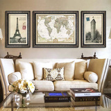 世界地图 美式复古沙发背景墙书房办公有框挂画壁画客厅装饰画