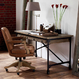 法式复古书桌餐桌实木办公桌做旧电脑桌铁艺工作台创意带轮会议桌