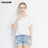 LUIMINE2016夏装新款白色蕾丝短袖t恤女棉衫蝙蝠袖宽松短款上衣女