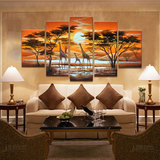 手绘油画欧式现代客厅餐厅房间长颈鹿抽象风景组合五联装饰画壁画