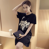 2016夏季新款韩版黑色打底衫女短袖字母中长款大码t恤衫女春装潮
