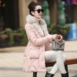 FX冬季中长款尼丝纺毛领修身新款加厚西装领韩版白鸭绒女羽绒服