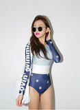 韩国代购2015新款拼色珠光感珍珠贝壳字母图案连体泳衣 防晒泳衣