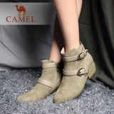 Camel骆驼冬季欧美风 羊猄小圆头真皮扣带中跟短靴