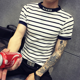 黑白横条纹短袖T恤男高领夏季休闲衣服男韩版社会小伙体恤男印花