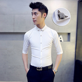 夏装男士小码短袖衬衫发型师修身中袖衬衣韩版潮紧身7七分袖衬衫
