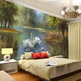 浪漫天鹅湖欧式家居油画风景壁画墙纸酒店装饰图无防布壁纸