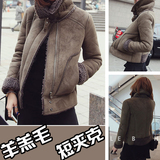 韩国版2015秋冬季新款高腰麂皮绒机车羊羔毛短外套修身夹克衫女装