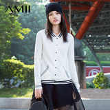 Amii2016春秋新 针织衫女开衫 宽松短款长袖薄拼色运动风休闲外套