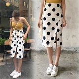 2016夏新款韩国复古时尚圆点修身显瘦前开叉波点半身裙高腰中长裙