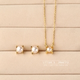 莉莲珠宝 S925银金色银色 方形天然淡水扁圆珍珠项链耳钉套装女