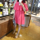 韩国进口东大门女装代购2016夏季简约气质露肩褶皱纯色宽松连衣裙