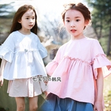 韩国女童夏装新款时尚纯白宽松衬衫儿童夏季喇叭袖娃娃衫宝宝上衣