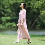梭娘原创设计2016夏季新款粉色棉麻连衣裙文艺范宽松短袖长裙袍子