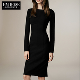 HM ROSE欧美2015秋长袖女大码OL职业装中长款包臀修身连衣裙